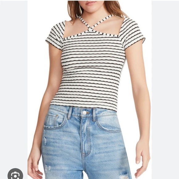 BB DAKOTA STEVE MADDEN Black Stripe Criss Cross Cutout Baby Tee Small Y2K - Picture 1 of 10